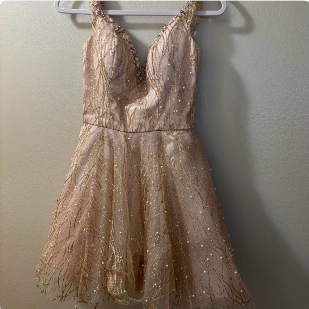Mori Lee Blush Pink Sequin-Embellished V-Neck Dress
